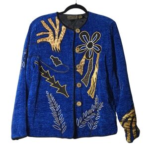 Alex Kim by Allure Blue Embroidered Art Jacket Abstract Floral Size M